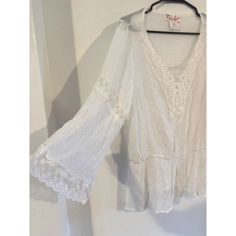 White Lace Peasant tunic Bell Sleeve romantic boho crochet renfaire sheer xl